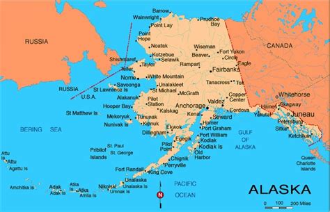 Map of Alaska with cities and towns.